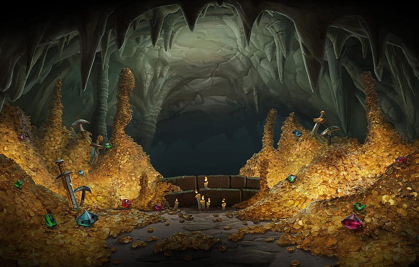 gold, sword, cave, coins , section фантастика, gold sword HD wallpaper