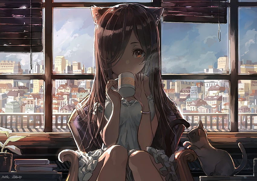 brown haired girl drinking coffee animated character anime girls brown eyes in 2020, cute anime girl drinking coffee HD wallpaper