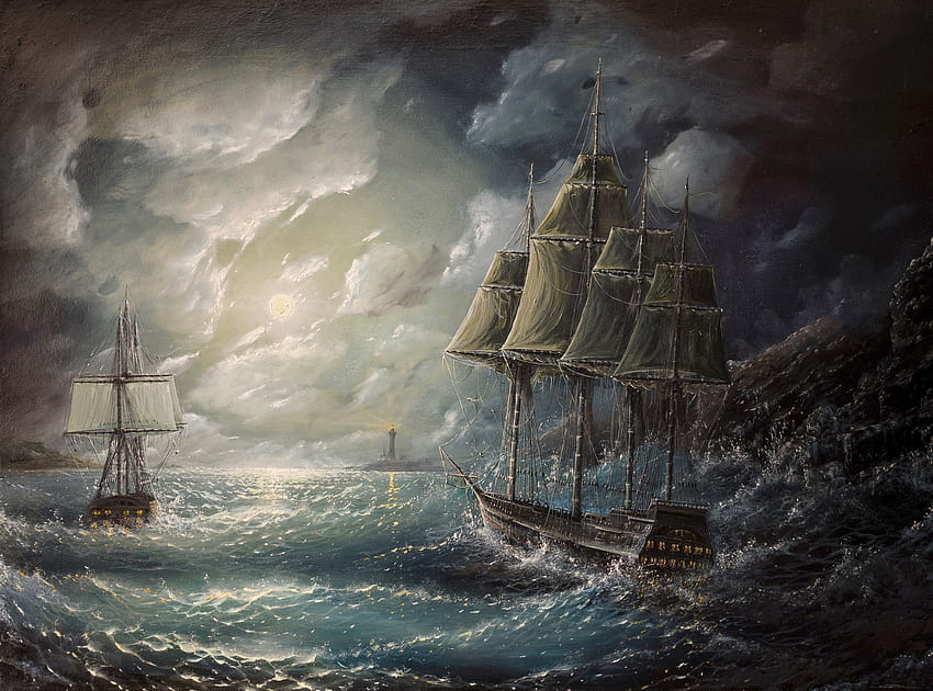 Кораби ОБЛАЦИ вълни буря фар небе платно океан, фар и лодка HD тапет
