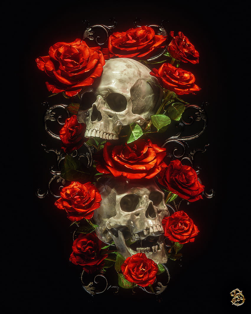 Billelis Dark Religion Death Skull Flowers Red Roses, skull with roses ...