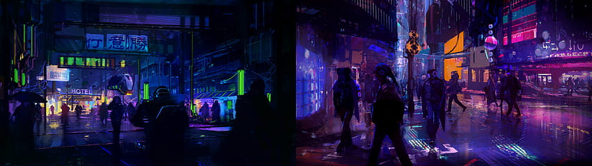 3840x1080] Cyberpunk Şehri Çift Ekran HD duvar kağıdı
