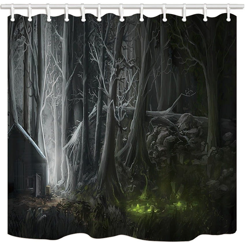 Fantasy Witch Wooden Cabin In Cursed Forest Green Venom Game World Bathroom Shower Curtain 66x72 inch HD phone wallpaper
