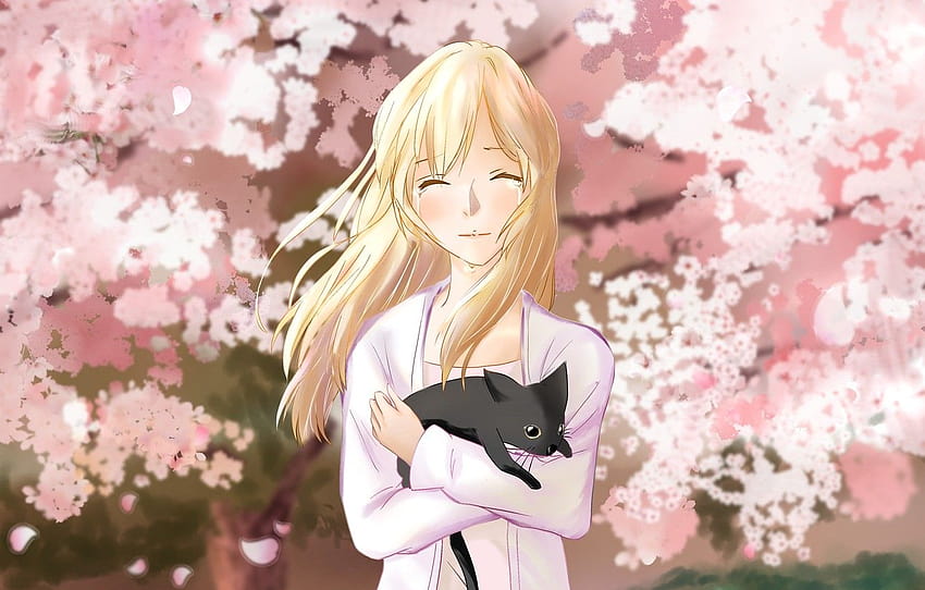 cat, girl, spring, garden, Sakura, Shigatsu wa Kimi no Uso, Your April lie , section сёдзё, spring cat cartoon HD wallpaper