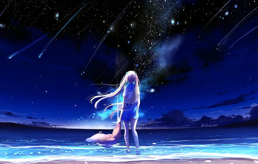 meer, himmel, nacht, schulmädchen, sternschnuppen, sternschnuppen minimalistisch HD-Hintergrundbild