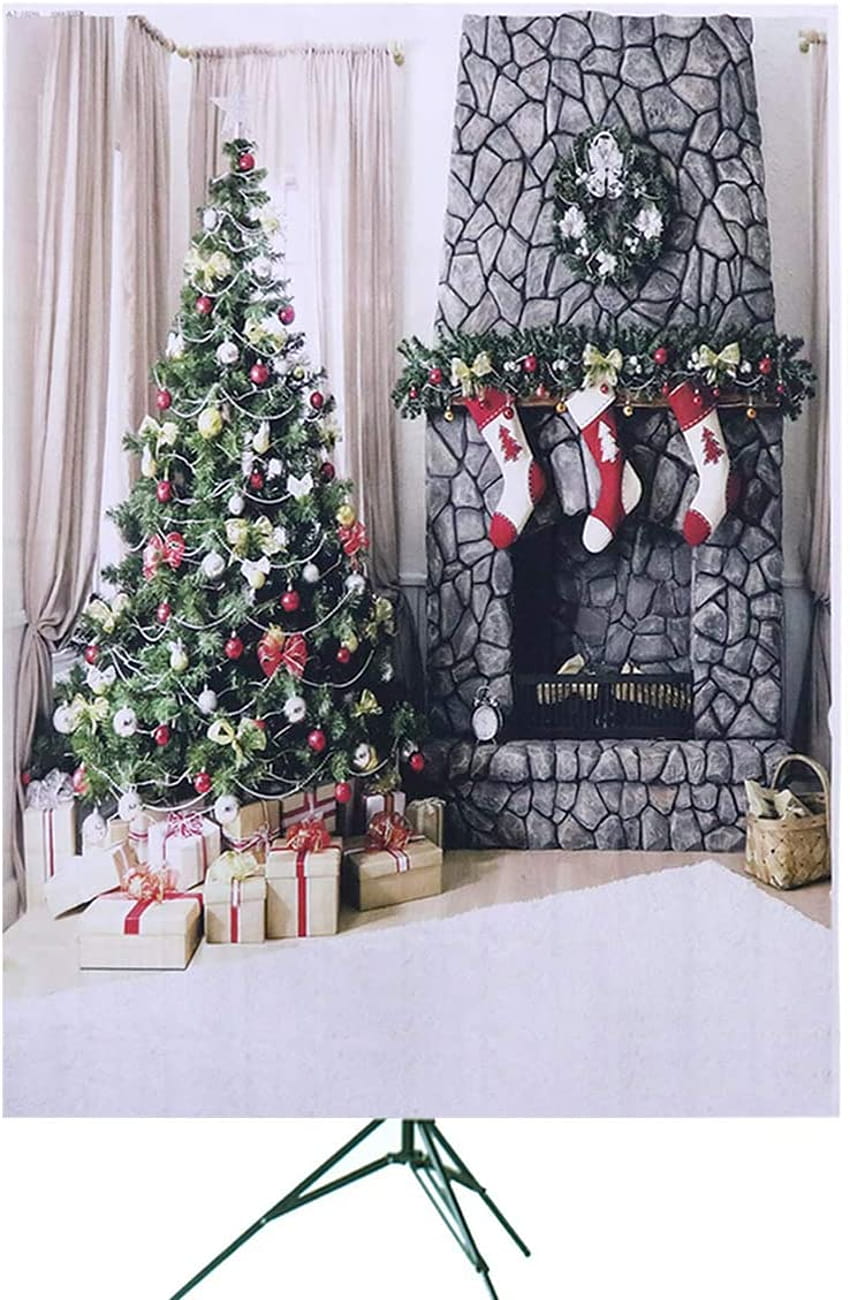 Christmas Backdrop Fireplace Xmas Tree Stockings Backgrounds Mural Studio Prop HD phone wallpaper