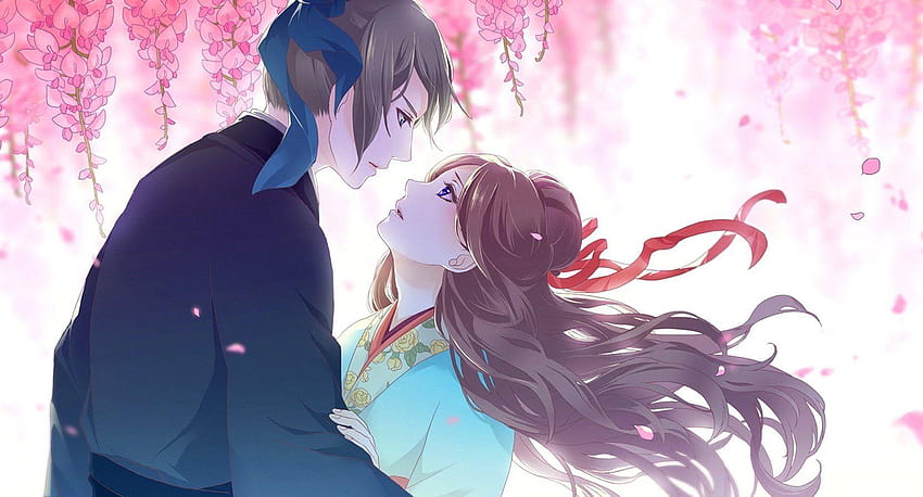 Anime coppia amore ragazza ragazzo capelli lunghi sakura fiore kimono, anime ragazza e ragazzo Sfondo HD