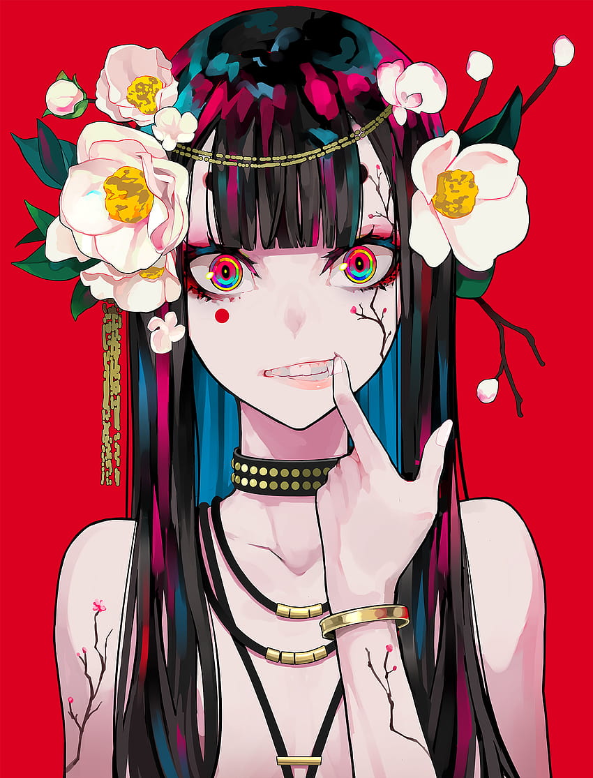 Anime 1525x2000 mujeres retrato ilustraciones arte digital 2D mirando al espectador colmillos flor en el pelo collar largo ha..., estética halloween anime girl fondo de pantalla del teléfono