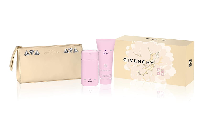 Zwei Givenchy-Plastikflaschen mit Box und beigem Lederportemonnaie HD-Hintergrundbild