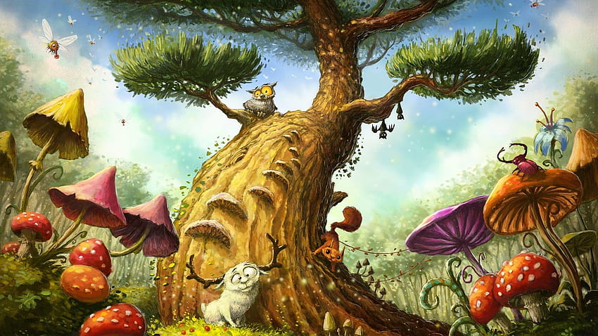 Magic tree, owl, mushroom, sheep, art painting 640x1136 iPhone 5/5S/5C/SE , background HD wallpaper