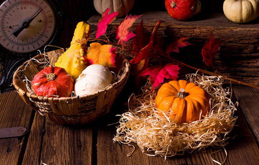leaves, basket, pumpkin, straw, the gifts of autumn , section еда, autumn straw HD wallpaper