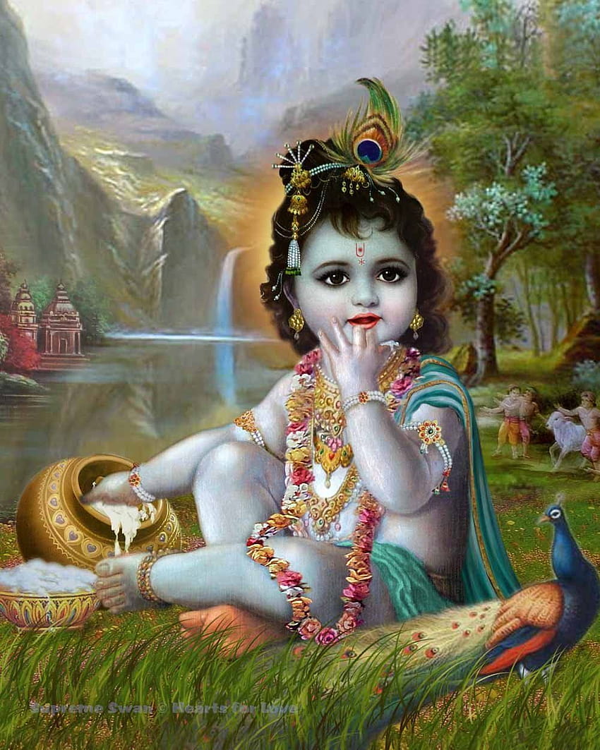 Uma bela impressão do bebê Krishna roubando manteiga, criança Krishna Papel de parede de celular HD