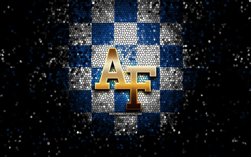 Air Force Falcons, glitter logo, NCAA, blue white checkered background, USA, american football team, Air Force Falcons logo, mosaic art, american football, America with resolution 2880x1800. High Quality HD wallpaper