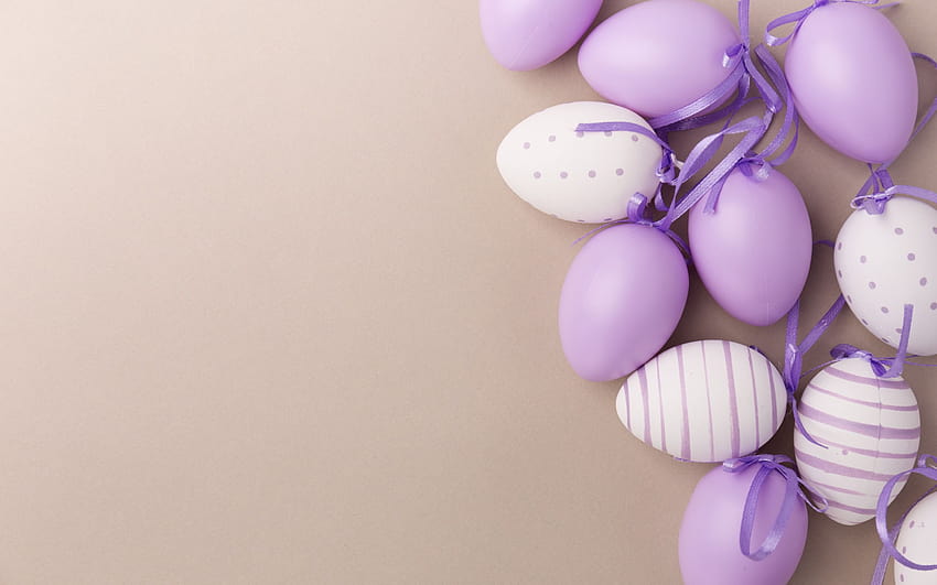 Pasqua, uova di Pasqua viola, modello per il biglietto di auguri di Pasqua, aprile 2018, primavera con risoluzione 2880x1800. Alta qualità, viola pasquale Sfondo HD