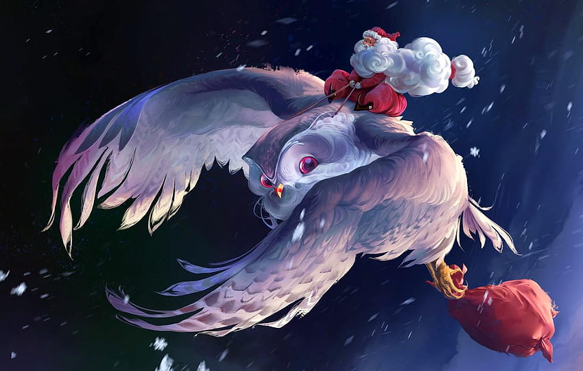 fantasy, Christmas, flying, winter, snow, artist, owl santa HD wallpaper
