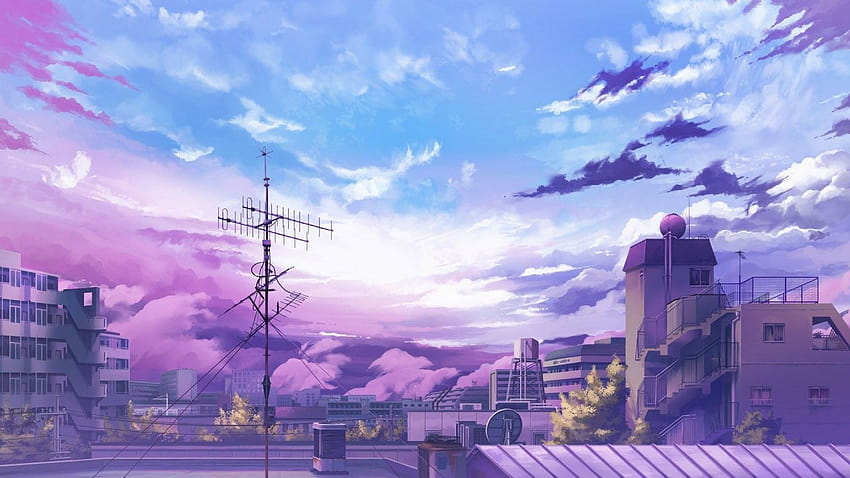 anime, kota, lanskap kota, langit, ungu, atap rumah, anime ungu 1920x1080 Wallpaper HD