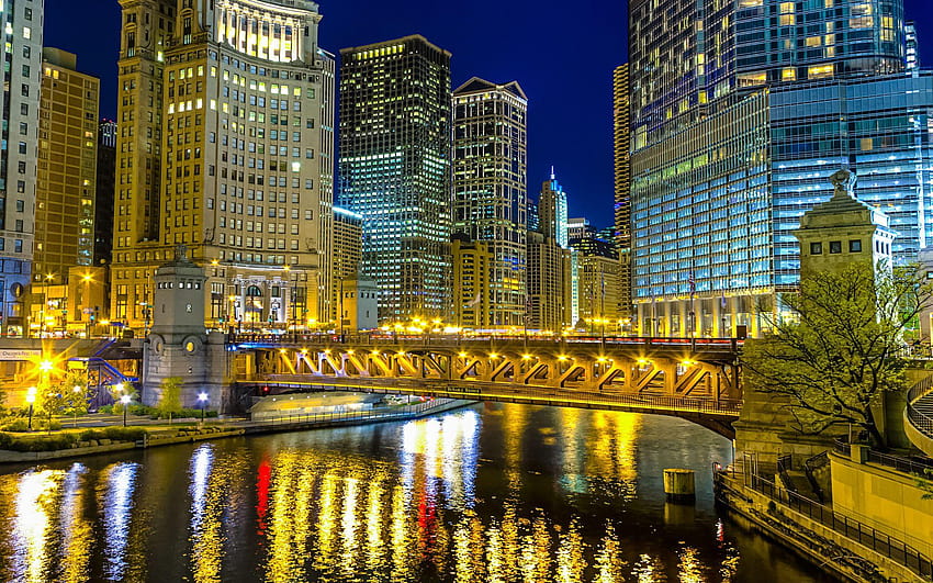 Chicago Illinois Architecture Buildings Skyscraper Night Lights Hdr