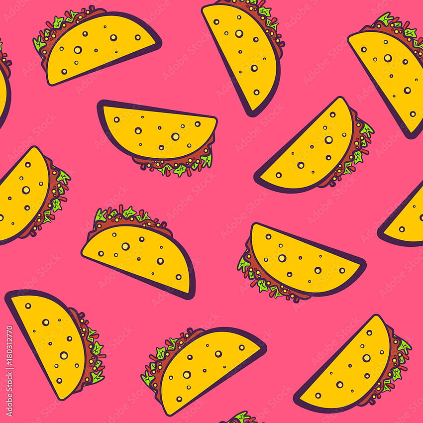 Pembe arka planda sevimli çizgi Meksikalı taco ile renkli, pürüzsüz desen. Fast food tekstili, ambalaj kağıdı, paket, restoran veya kafe menü afişleri için komik düz kız gibi pop art tacos dokusu Stok Vektörü, sevimli taco HD telefon duvar kağıdı