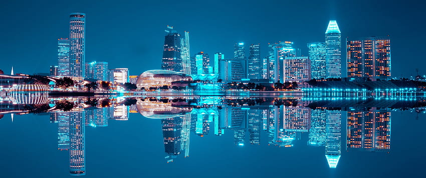 3440x1440 싱가포르, 고층 빌딩, 밤, 반사, 싱가포르 반사 HD 월페이퍼