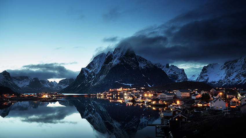 Pantai Sore Pegunungan Lofoten Norwegia, ultra malam Wallpaper HD