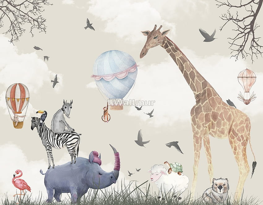 Kids Watercolor Woodland Animals with Giraffe Zebra Hippopotam Mural HD wallpaper