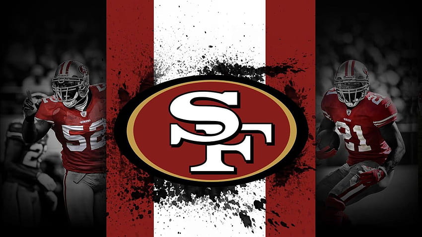 Лого на Сан Франциско 49ERS с червено и бяло фонове и играчи отстрани на 49ERS HD тапет