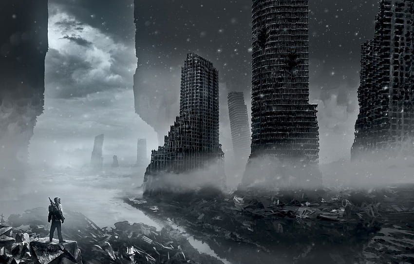 winter, snow, clouds, the city, weapons, destruction, art, devastation, ruins, romance of the Apocalypse, romantically apocalyptic, alexiuss , section фантастика, apocolypse winter HD wallpaper