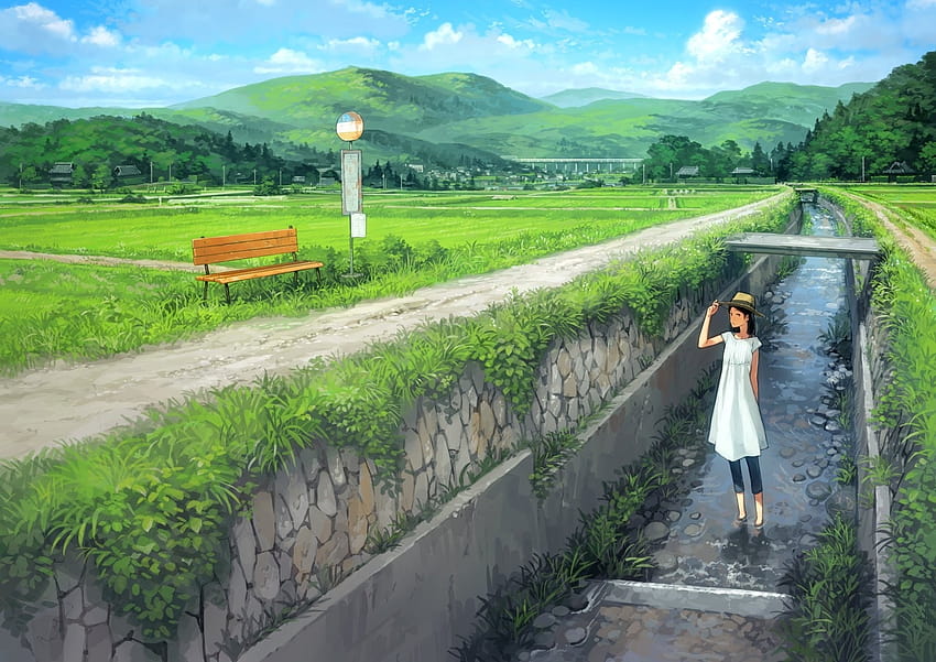 Anime Landscape Field Grass Village Road Stream, landscape anime village HD wallpaper