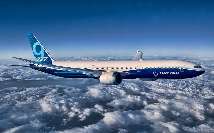 Flying Boeing 777X, airplane, blue sky, Boeing 777X, airliner, passenger planes, Boeing, 777X with resolution 3840x2400. High Quality HD wallpaper