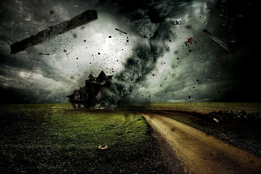 6140155 / ominous, house, destructive, destruction, cyclone, clouds, twister, tornado, debris HD wallpaper