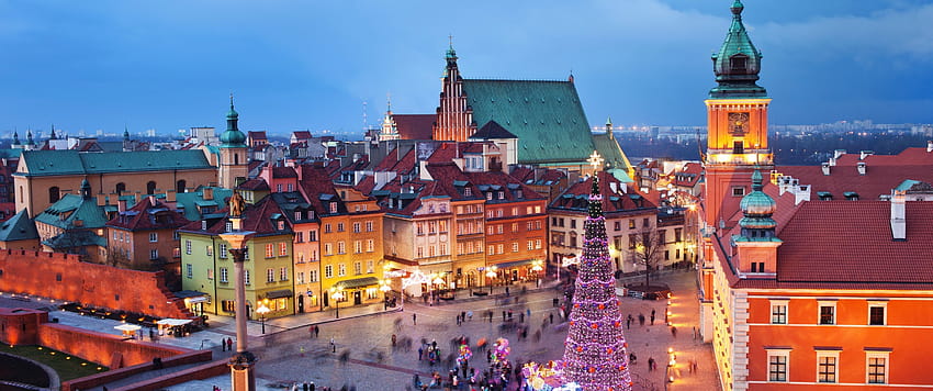 Polónia, Varsóvia, Paisagem urbana, Edifícios, Luzes, Pessoas, luzes de inverno 3440x1440 papel de parede HD