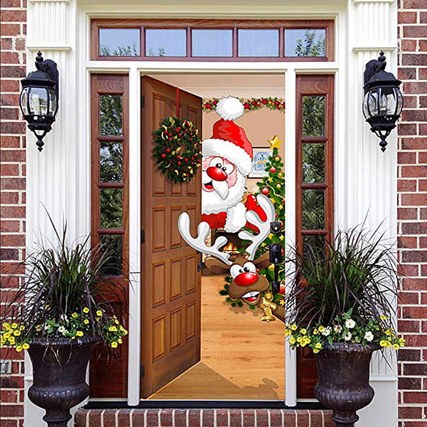 Christmas Door Sticker Santa Claus Elk Xmas Holiday Door Decor Decals Waterproof Xmas Home Office Door Sticker Autocollant Porte HD phone wallpaper