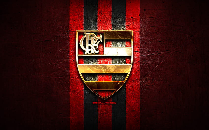 Flamengo FC, złote logo, Serie A, czerwone metalowe tło, piłka nożna, CR Flamengo, brazylijski klub piłkarski, logo Flamengo FC, piłka nożna, Brazylia z rozdzielczością 2880x1800. Wysokiej jakości komputer flamengo Tapeta HD