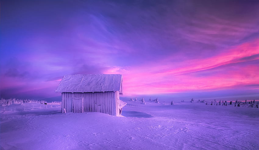 : sunlight, landscape, night, nature, sky, snow, winter, sunrise, ice, cold, Norway, evening, morning, frost, horizon, atmosphere, pine trees, hut, fence, Arctic, dusk, Aurora, cloud, weather, dawn, computer 2048x1182 HD wallpaper