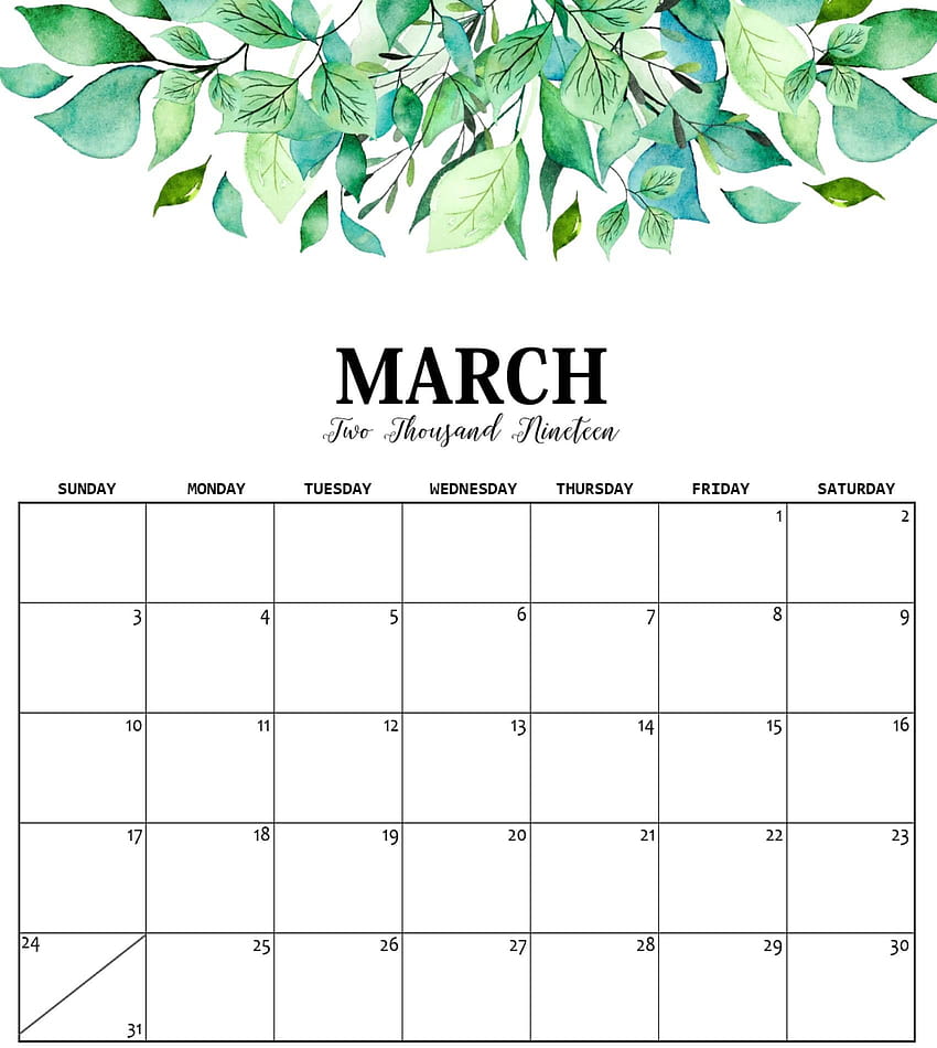 Cute March 2019 Calendar Printable Floral Design Full Moon March 2019