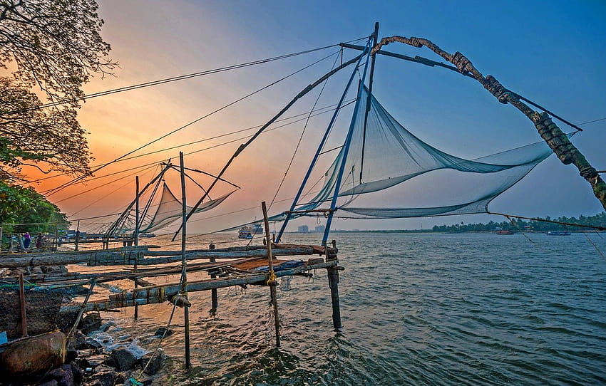 sea, beach, sunset, the ocean, shore, sea, ocean, sunset, India, fishing nets, Kochi, fising nets , section природа HD wallpaper