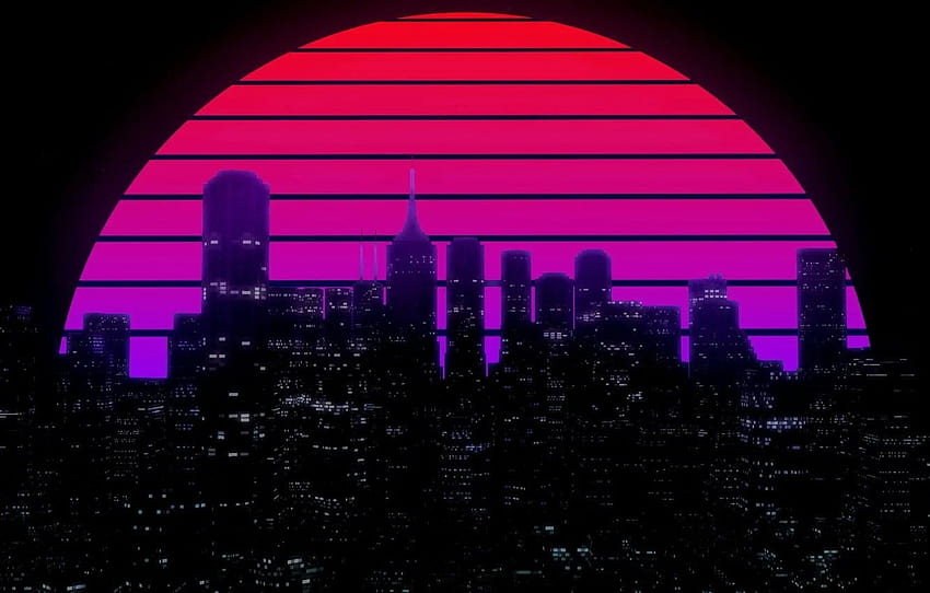 The sun, Night, Music, The city, Star, Building, retro sun full screen HD wallpaper