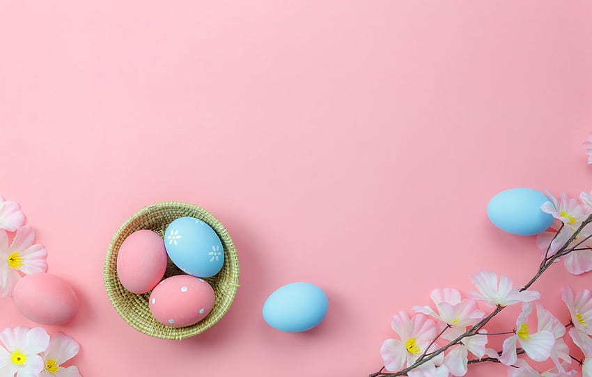 flowers, background, pink, eggs, spring, Easter, wood, pink, blossom, flowers, spring, Easter, eggs, decoration, Happy, tender , section праздники, easter pink HD wallpaper