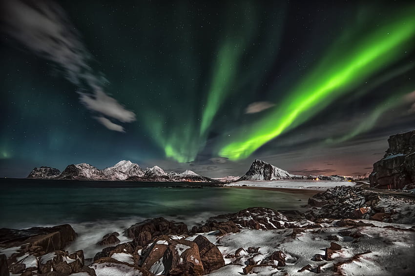 Lofoten Adaları Ay Lofoten Kış Aurora Borealis Gece Gün Batımı Yeşil Renk Yıldızlı Gece HD duvar kağıdı