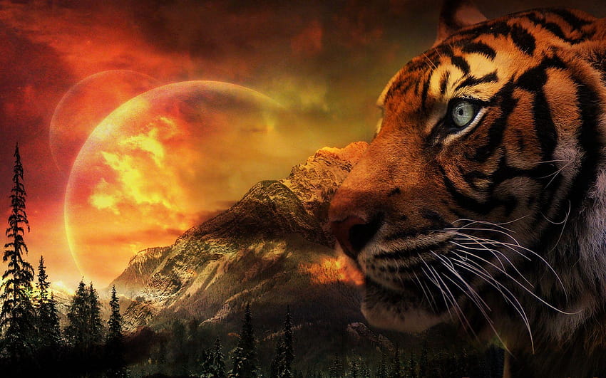 Fantasy Landscape Tiger, fantastic animal HD wallpaper