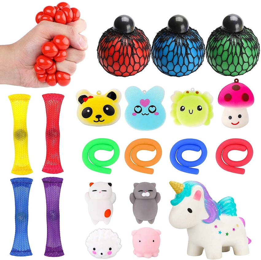 JoyX 20 Pack Sensory Fidget Toys Set, Kawaii Squishy, Mochi Squishies, Squeeze Ball, Mesh and Marble Toy, Stretchy String, Colorful Sensory Fidget Stretch Toy for AD Autism Stress Anxiety Relief HD wallpaper