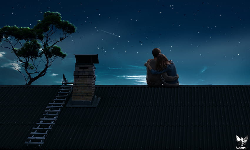 : drawing, night, sky, moonlight, couple, midnight, darkness, screenshot, computer , atmosphere of earth 2000x1200, moonlight couple HD wallpaper