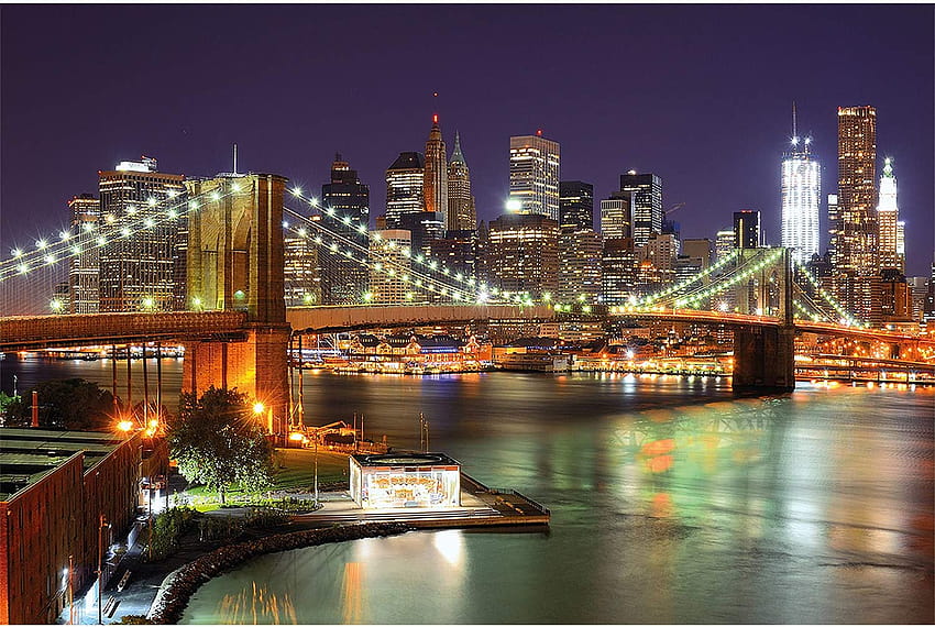 – Brooklyn Bridge at Night – Decoration New York City Illuminated Skyscraper Skyline Wall Street America USA Decor Wall Mural, brooklyn bridge lights HD wallpaper