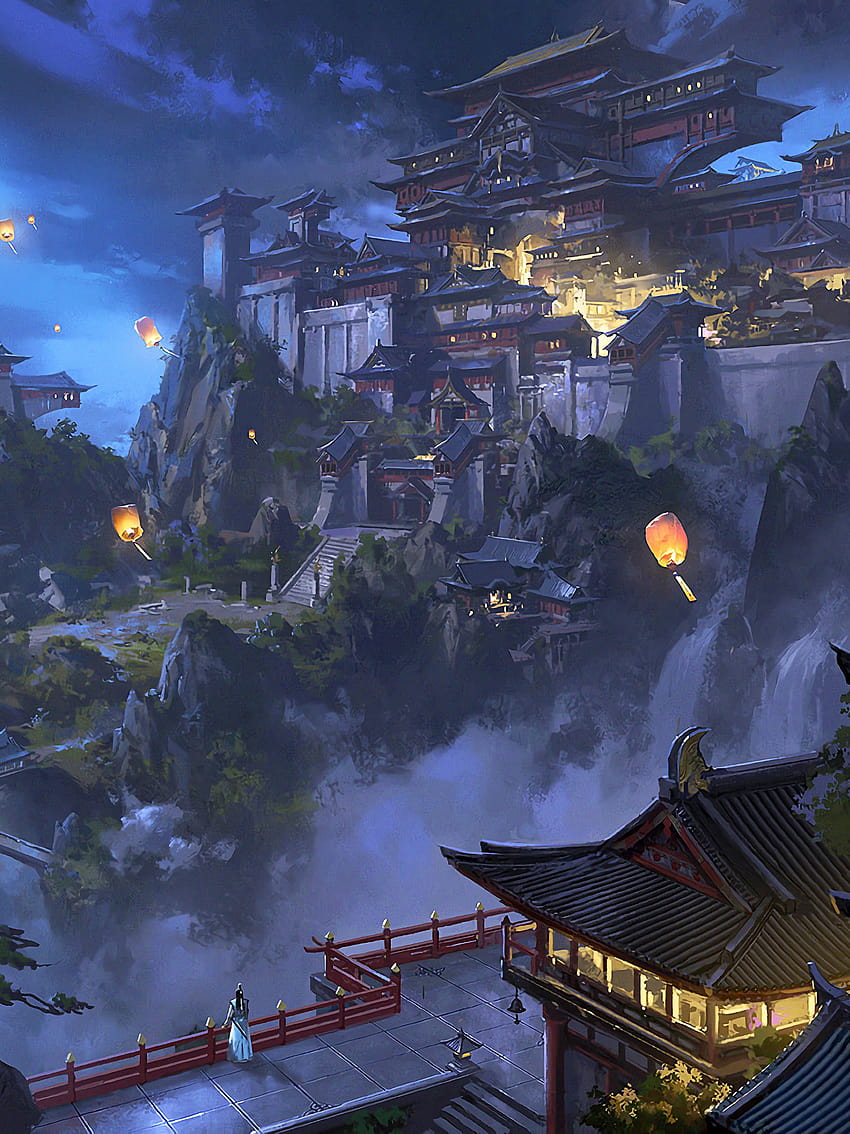 Anime Sky Lantern Mountain Japanese Castle Paisaje nocturno, anime Japan fondo de pantalla del teléfono