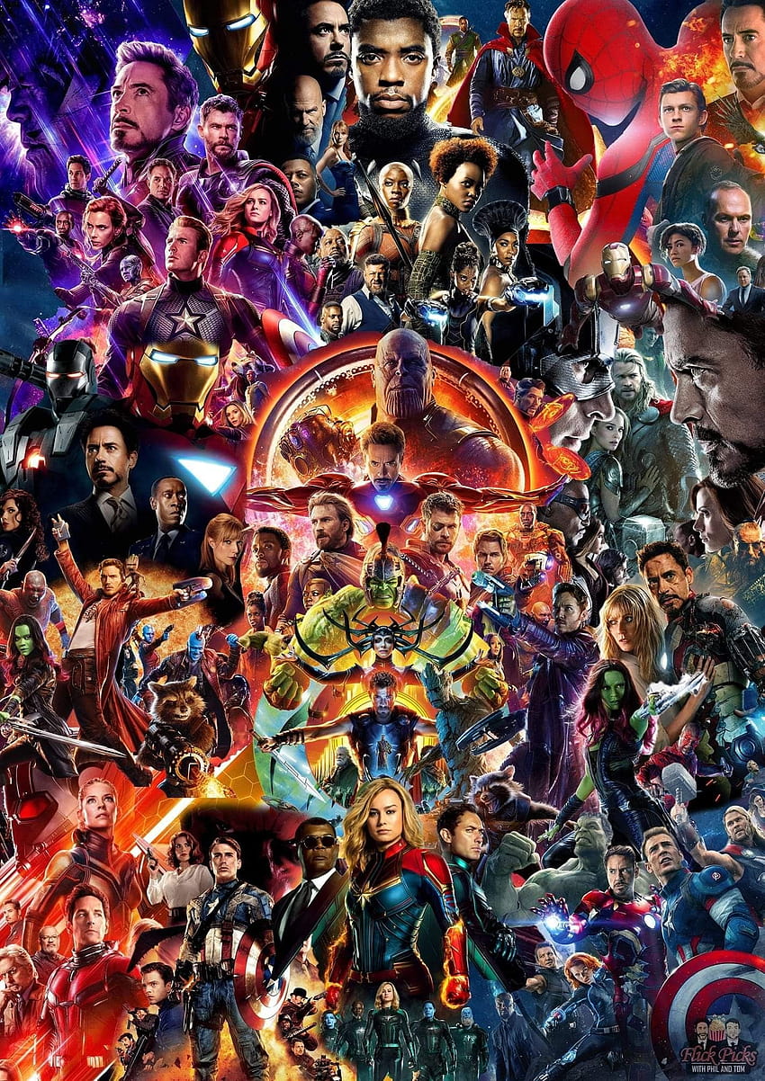 Los 22 carteles en un cuadro, personajes del universo cinematográfico de Marvel. fondo de pantalla del teléfono