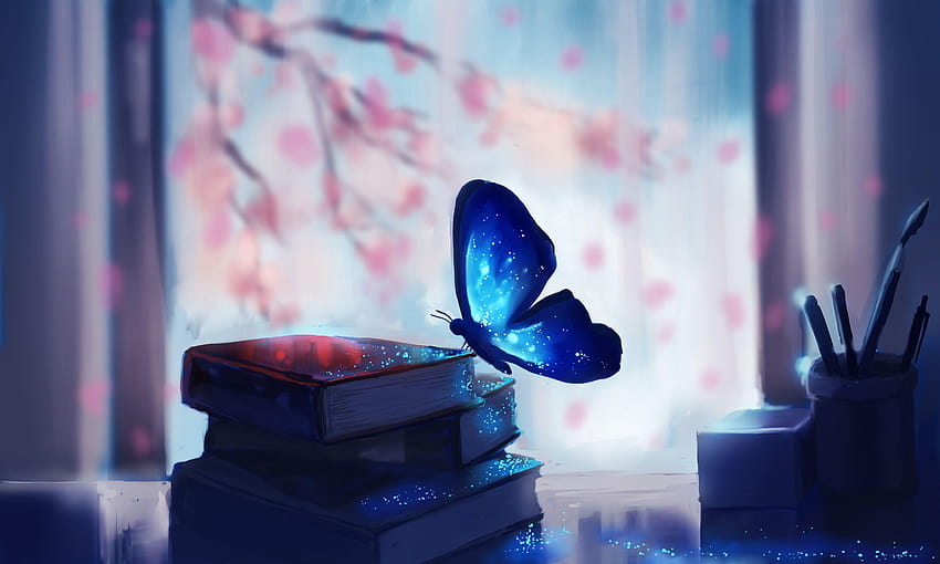 Син, пеперуда, книги, фентъзи, креативна графика HD тапет