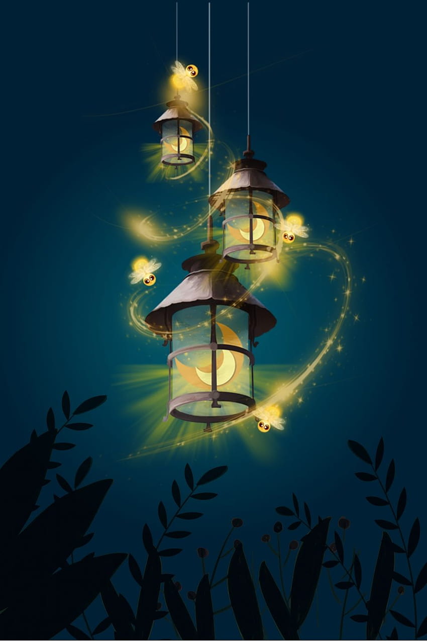 Fantasy Beautiful Firefly Lantern Album Display Board Vector, lantern lights evening forest HD phone wallpaper