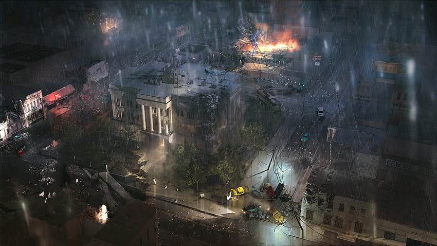 ruins, streets, night, rain, cars, fire, apocalypse, apocalypse vehicles HD wallpaper