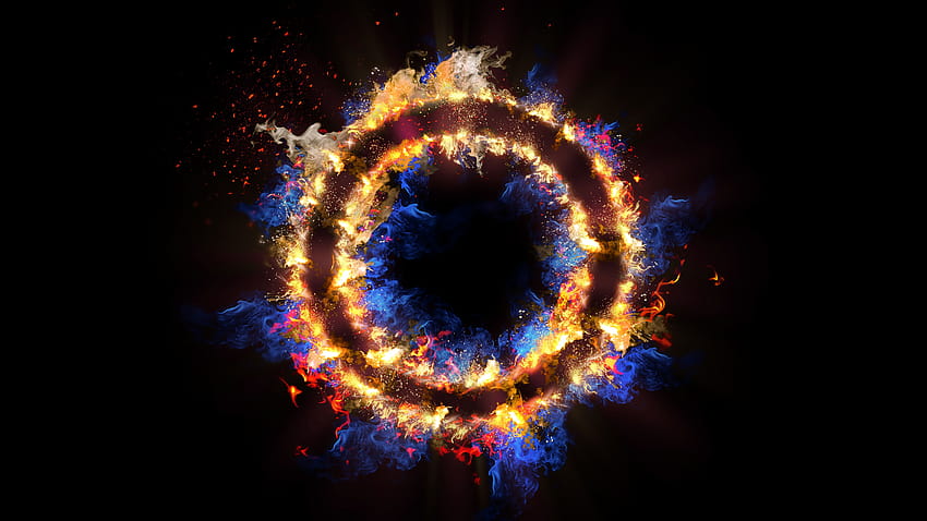 Pierścień ognia, energia, czarne tło, płomienie, koło, streszczenie, koła Tapeta HD