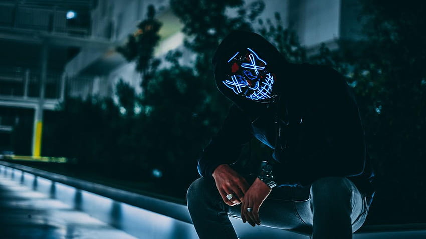 mask, hood, anonymous, glow, darkness, face , led mask HD wallpaper