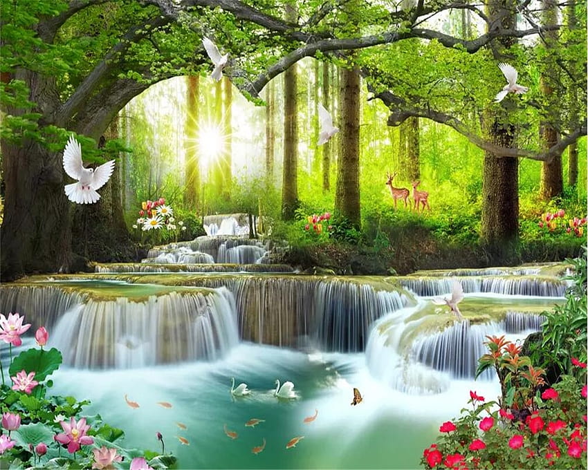 Beibehang Custom simple casual green tree forest waterfall landscape tool TV backgrounds wall decoration 3d HD wallpaper